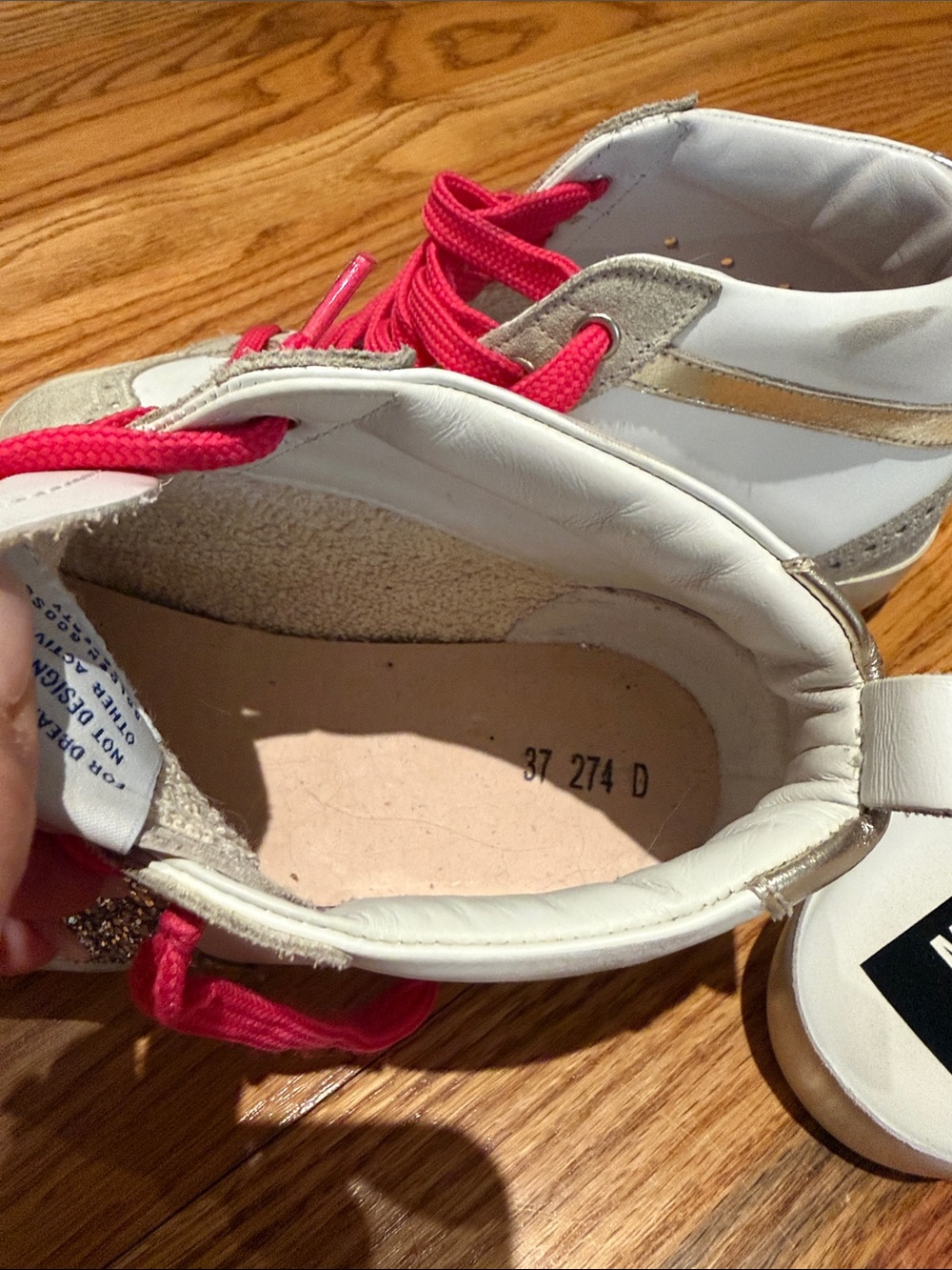 Golden Goose White High-Top Sneakers with Hot Pink Laces and Silver Glitter Star - Picture 9 of 11
